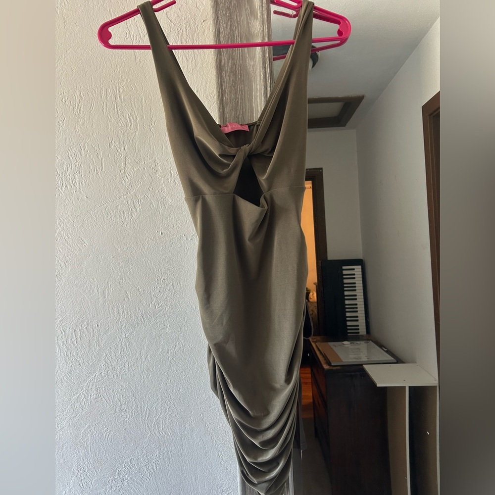 Green Ruched Bodycon Dress with Cowl Neck